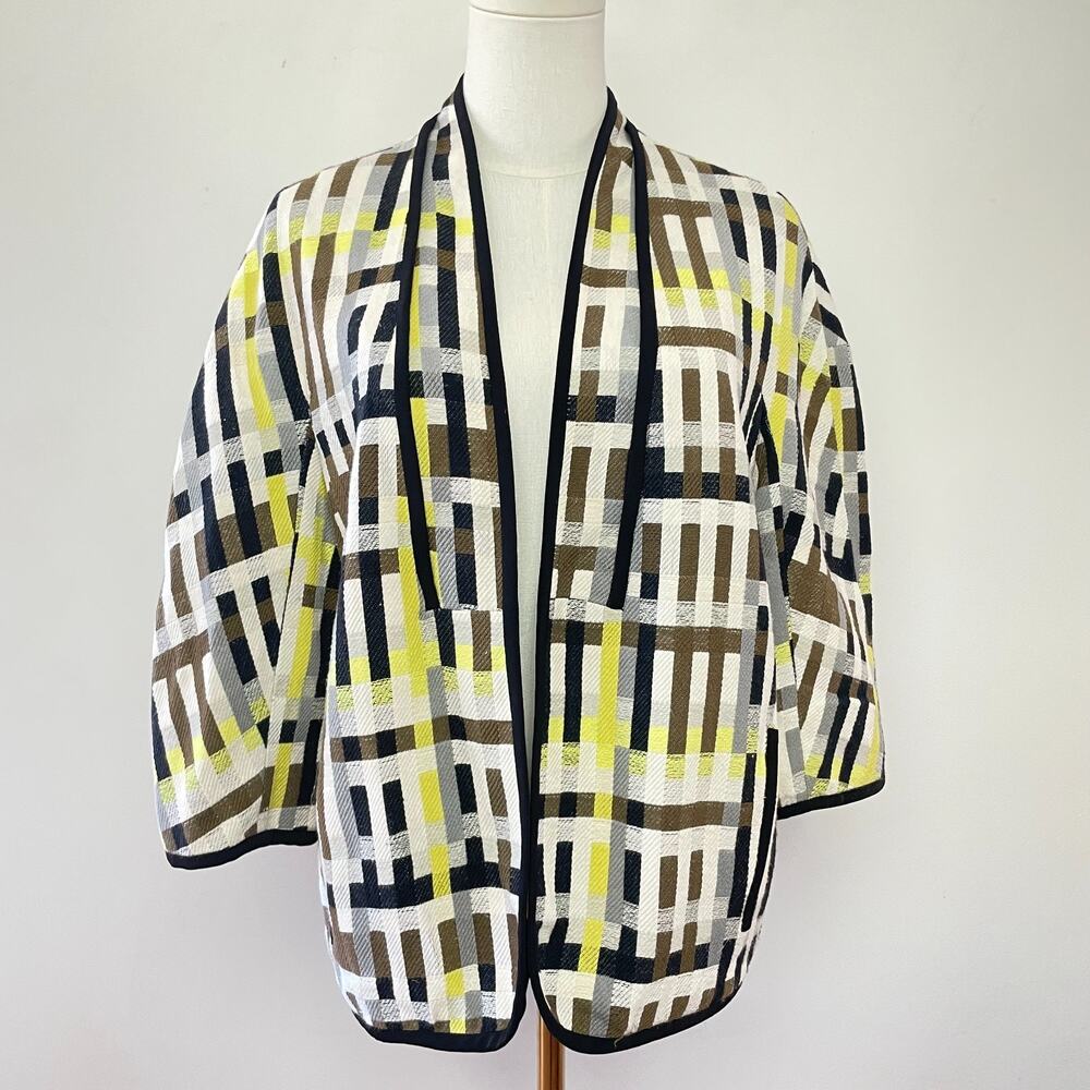 Geometric Textured Open Front Kimono Jacket Artsy Modern Minimalist